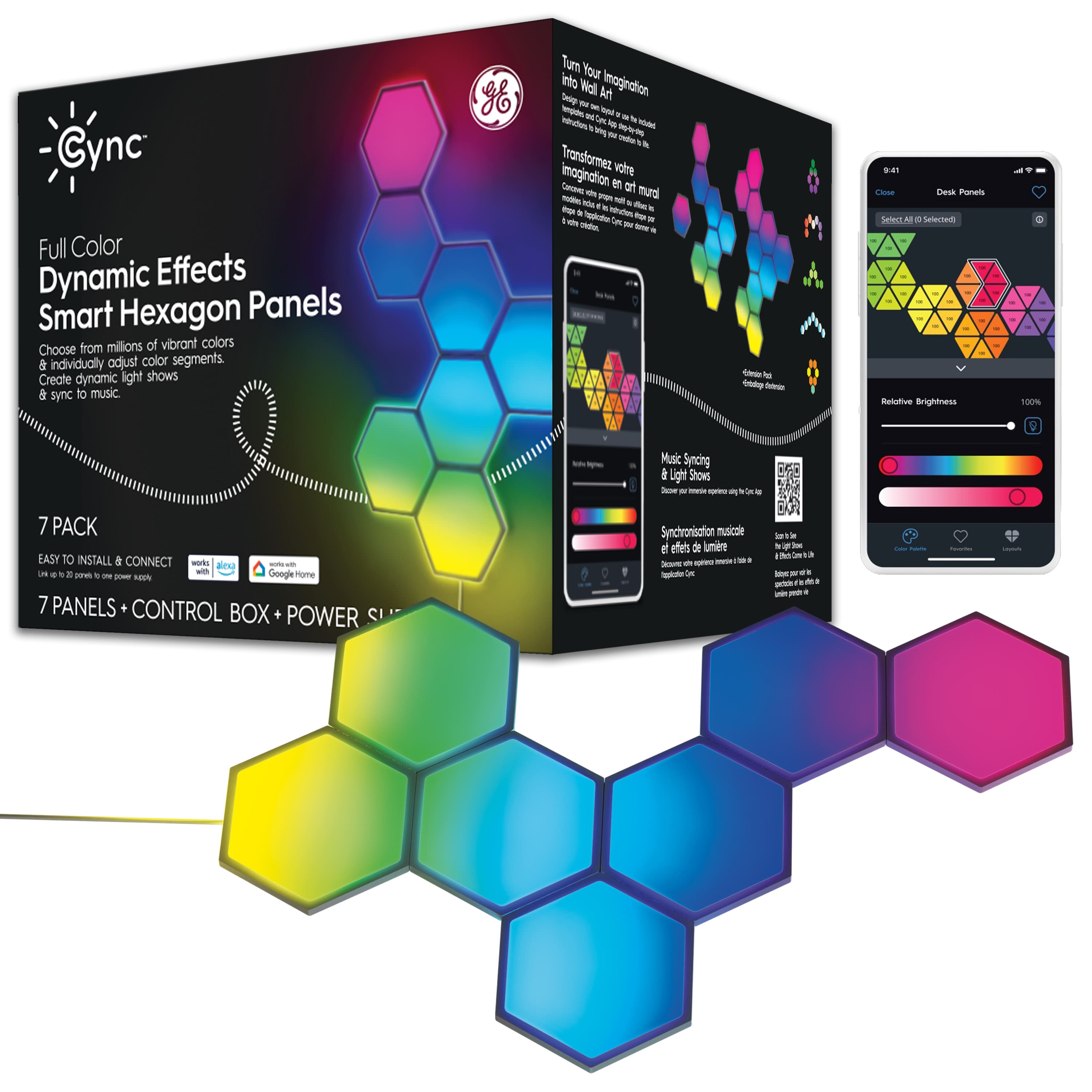 'GE Cync Smart LED Hexagon Panel Lights arranged in a geometric pattern on a wall'