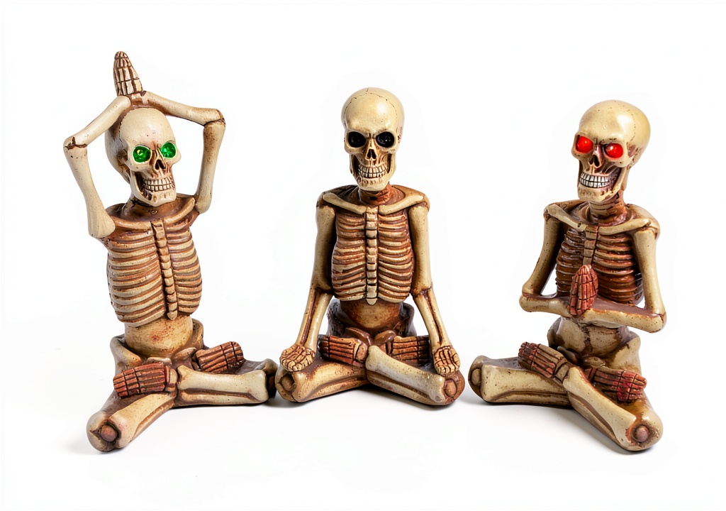 'Meditating skeleton figurines displayed on a shelf with glowing LED eyes'