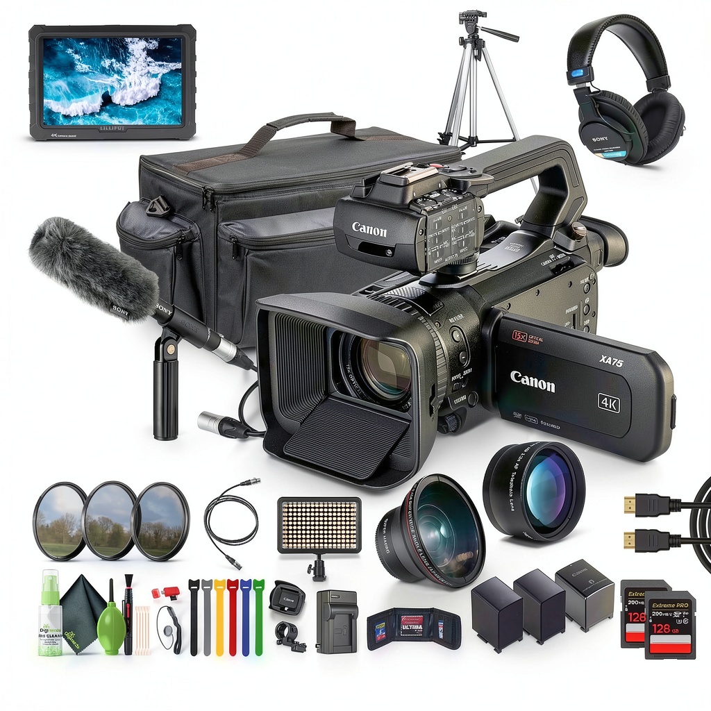 Canon XA75 PAL camcorder with lens and accessories displayed