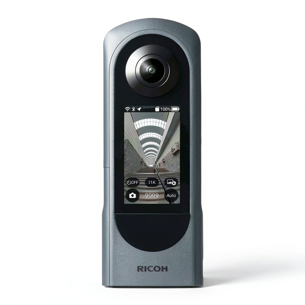 Ricoh Theta X 360 camera displaying high-resolution spherical capture on a desk