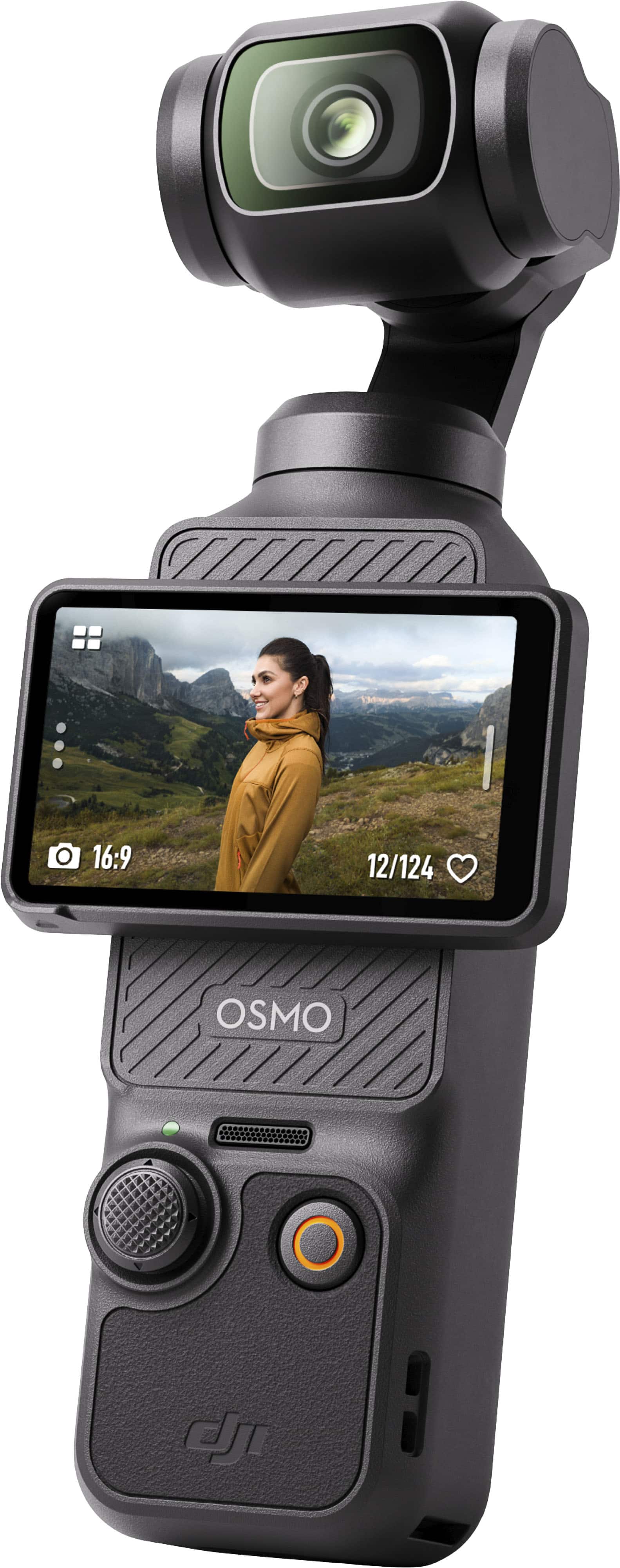 DJI Osmo Pocket 3 displaying 4K video on rotatable touchscreen