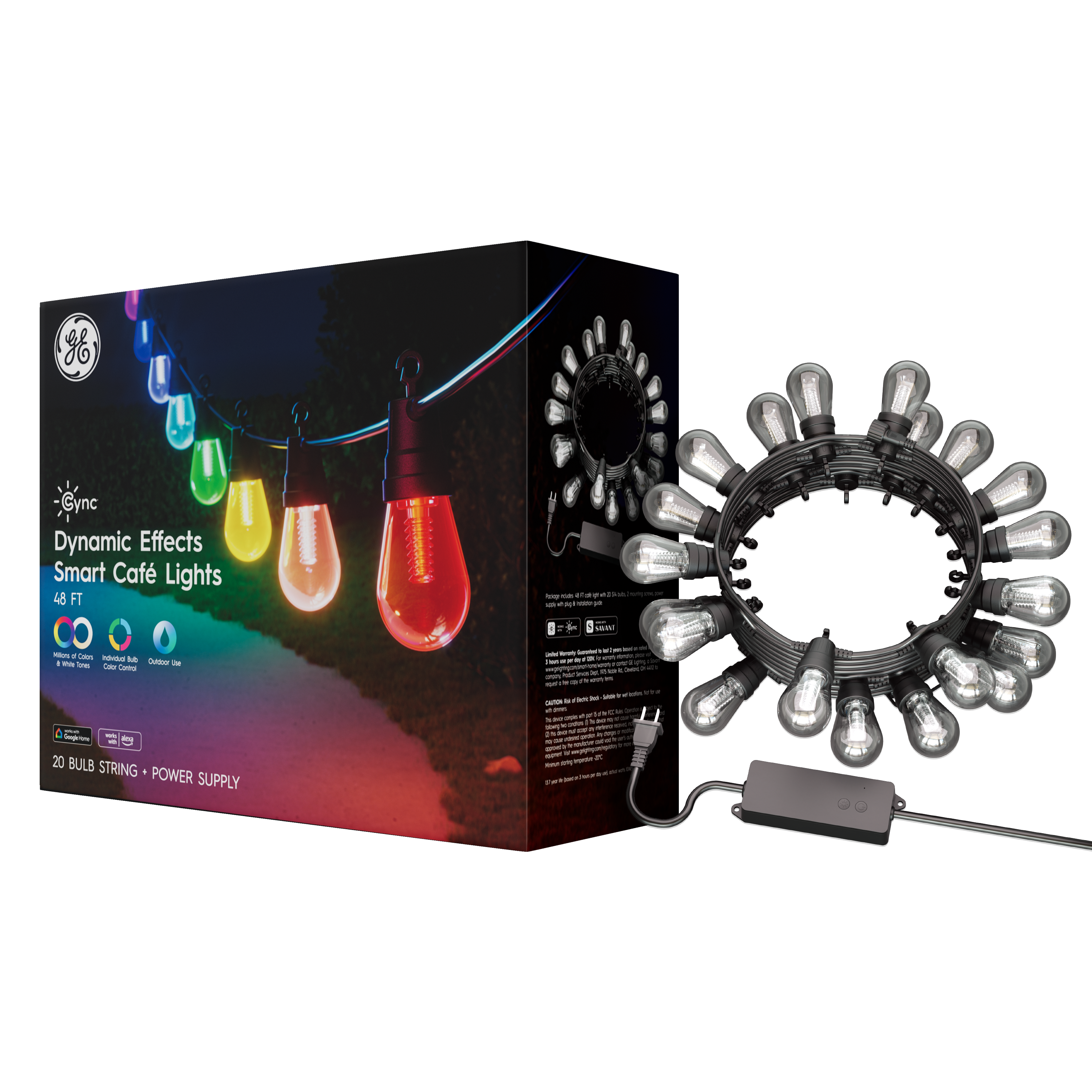 GE Cync outdoor string lights illuminating a patio with vibrant colors