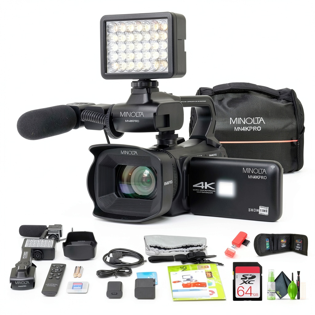 'Minolta MN4KPRO Camcorder showing 4.0 inch touchscreen and professional design'