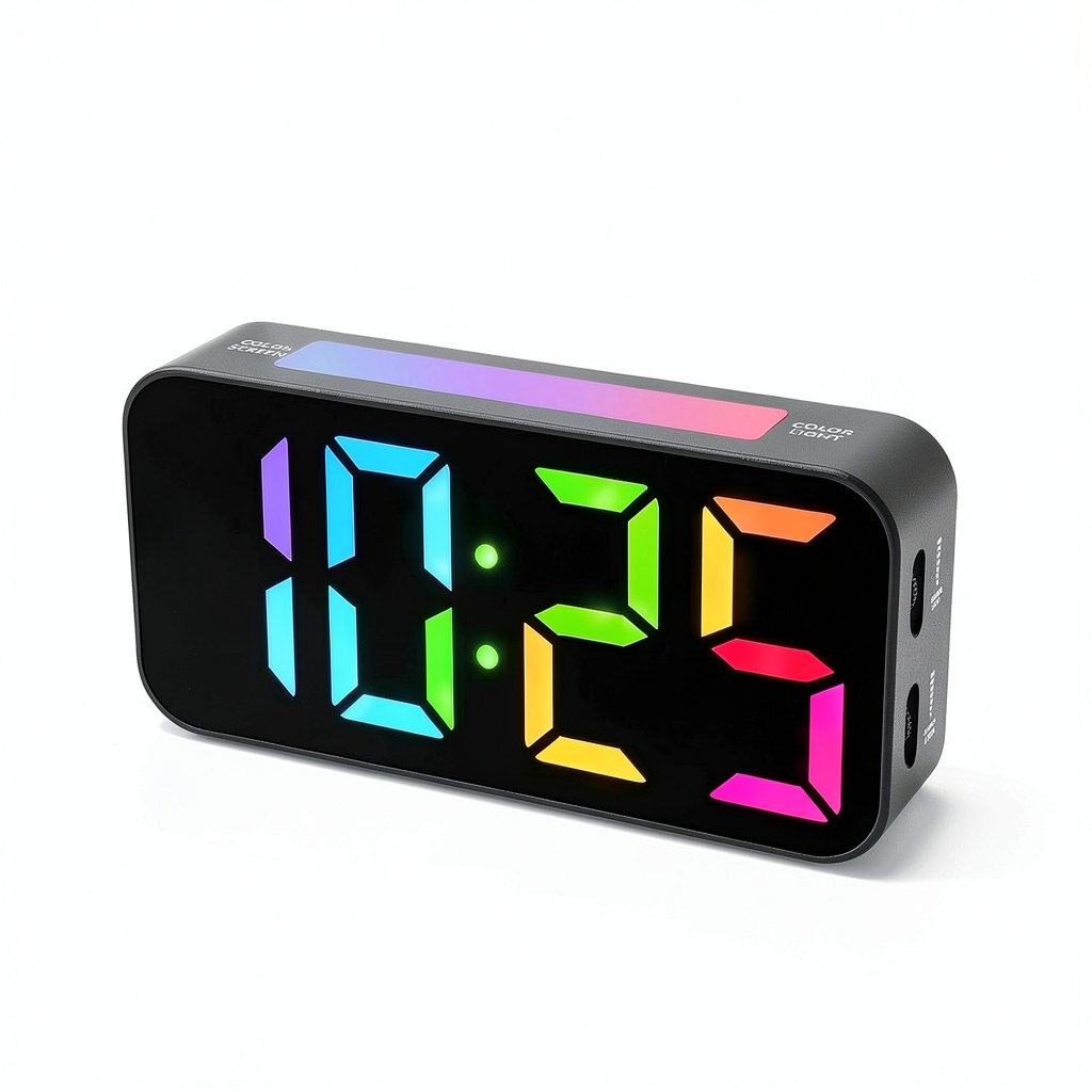 RGB Alarm Clock Color Changing Display Bedroom Decor showing multiple color options on modern nightstand
