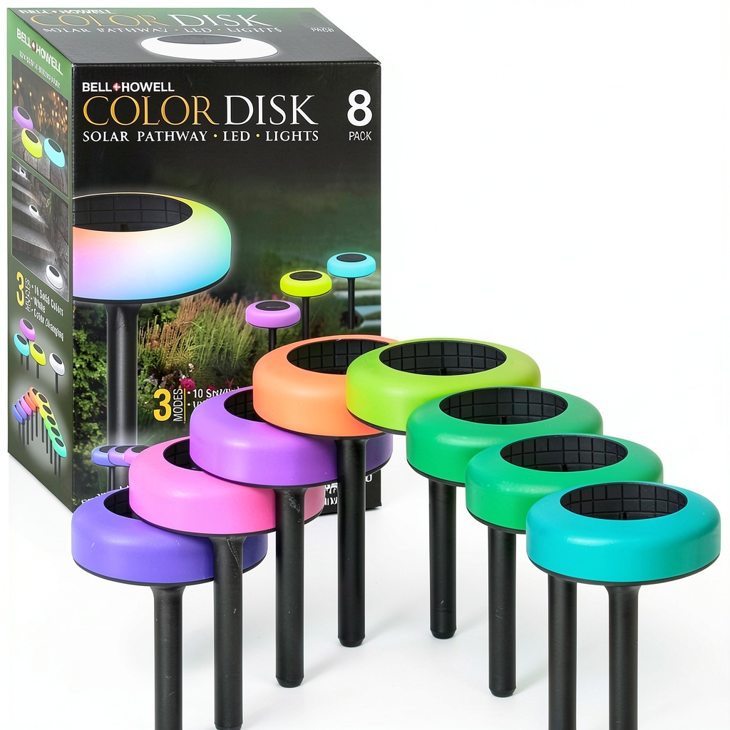 Bell and Howell Solar Disk Lights illuminating a garden pathway