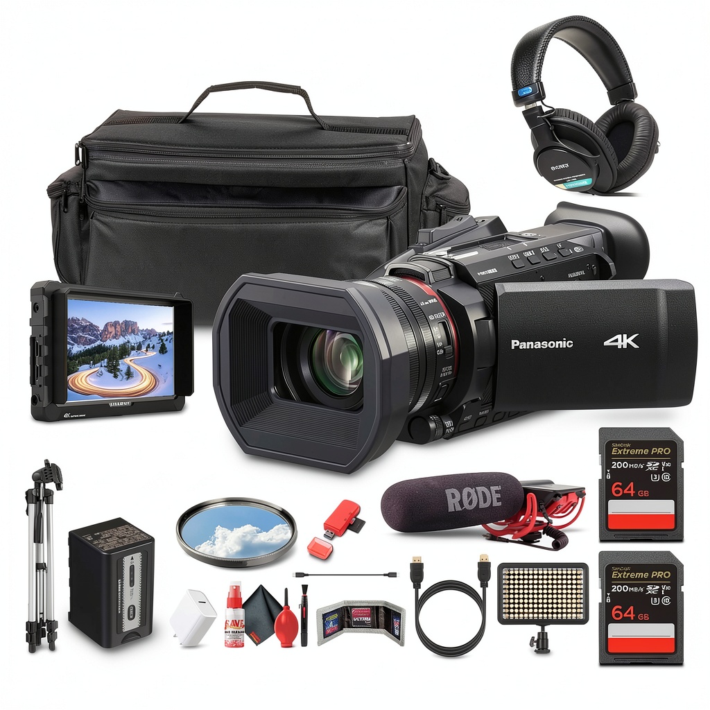 Panasonic HC-X1600 camcorder setup with accessories on a studio table
