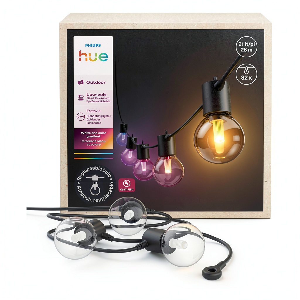 Philips Hue Festavia string lights illuminating a patio with vibrant colors
