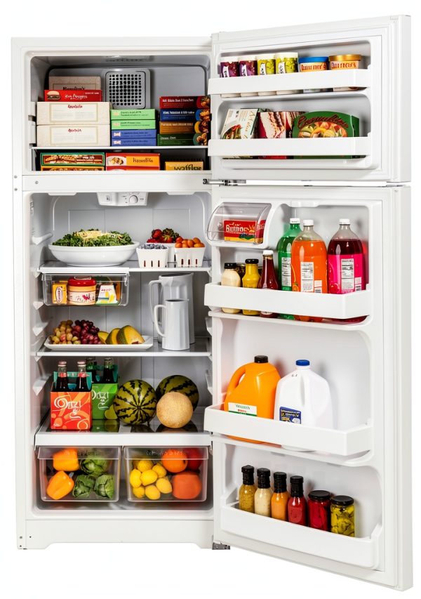 GE Top Freezer Refrigerator Edge Glass Shelves White Black-2