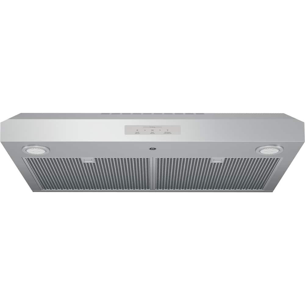 GE Profile range hood installed under kitchen cabinets