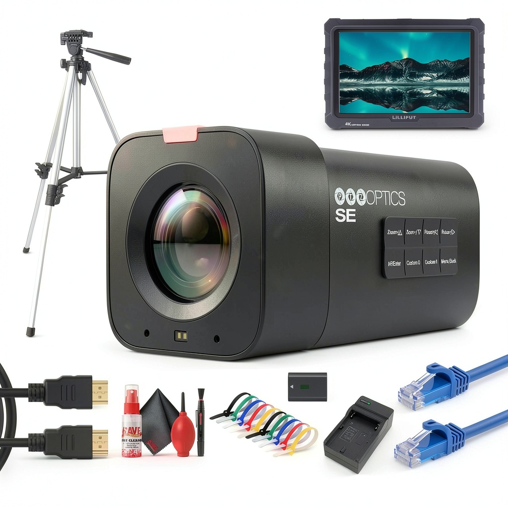'PTZOptics Studio SE camera in a studio setup with monitor and tripod'