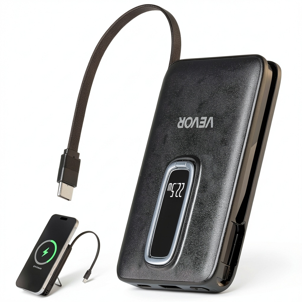 Magnetic wireless power bank displaying LED screen and foldable stand
