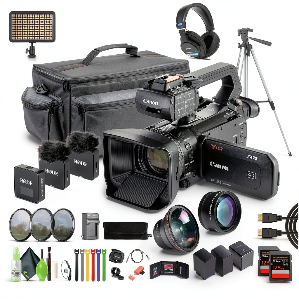 Canon XA75 PAL camcorder with lens and LCD screen displayed