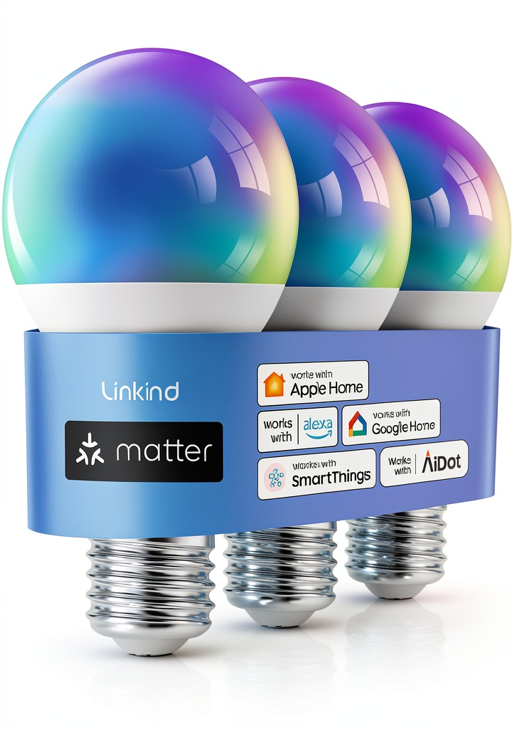 Linkind Smart LED Bulbs illuminating a modern living room with vibrant colors