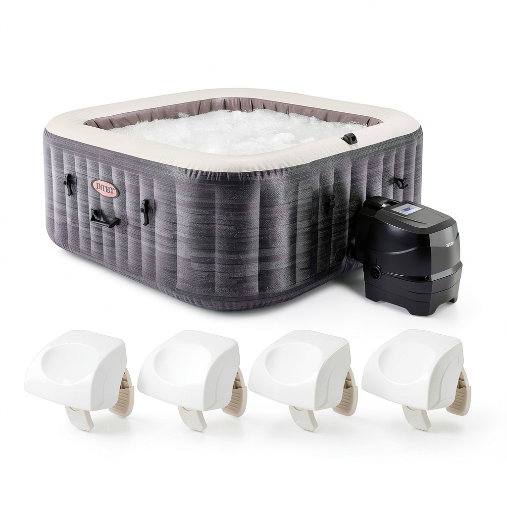 Intex PureSpa Plus inflatable square hot tub in a backyard setting