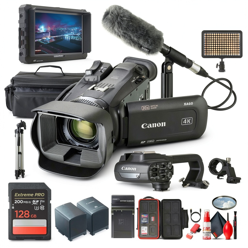 Canon XA60 camcorder with accessories on a production set