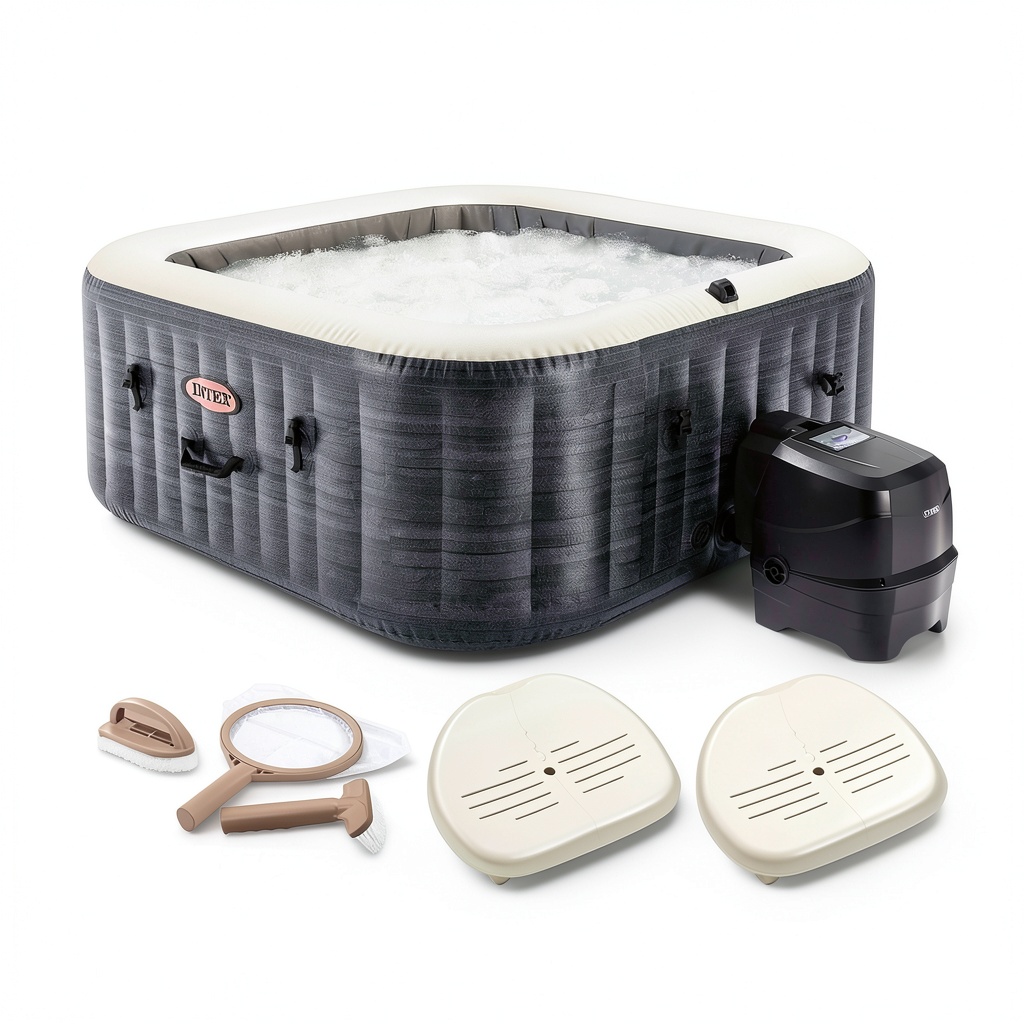 Intex PureSpa Plus inflatable hot tub setup in a backyard