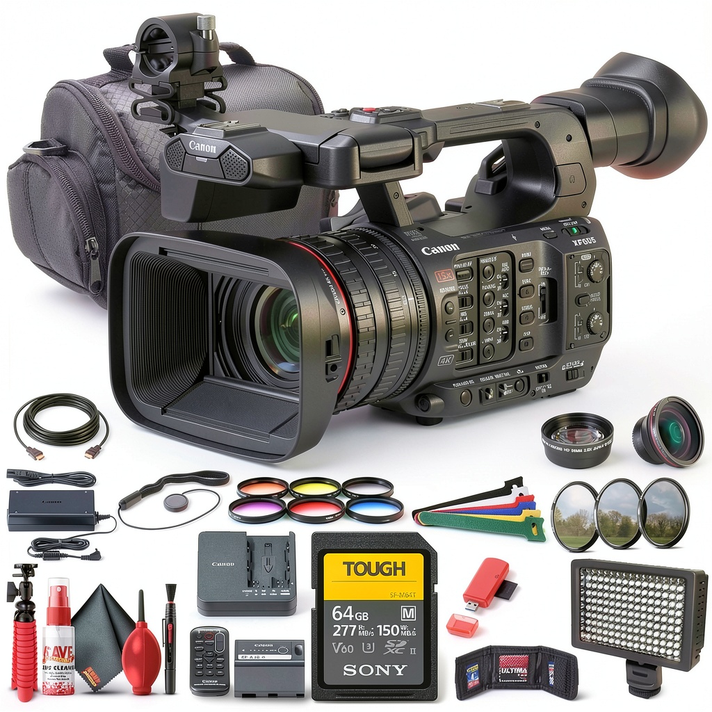Canon XF605 camcorder with included accessories on a studio table