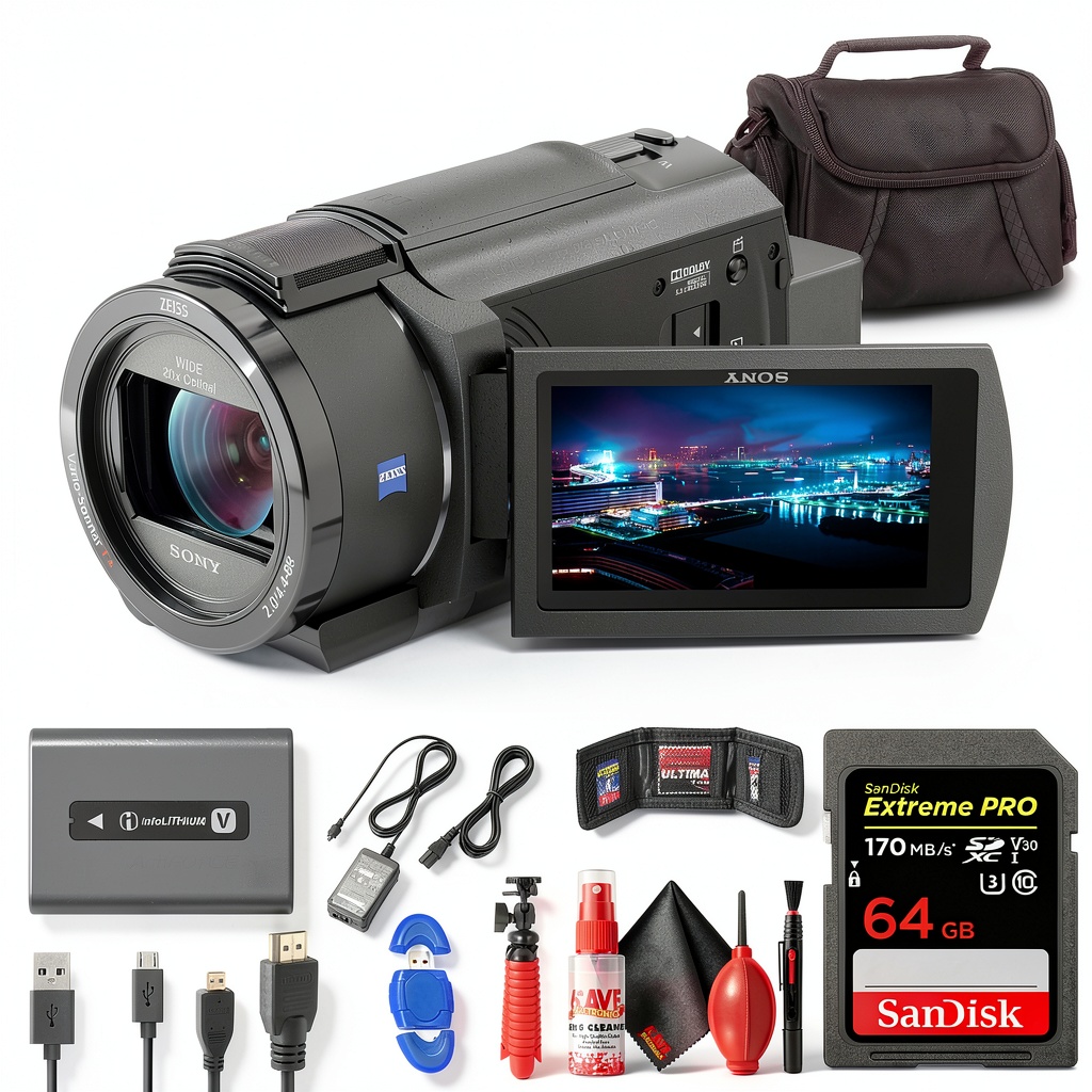 Sony FDR-AX43 Camcorder with accessories on a table