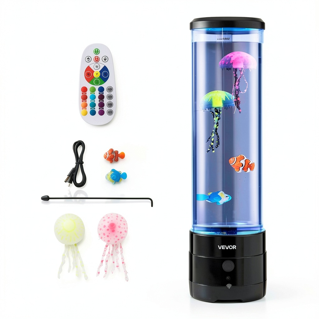 'Jellyfish bubble lamp glowing in a dark room'