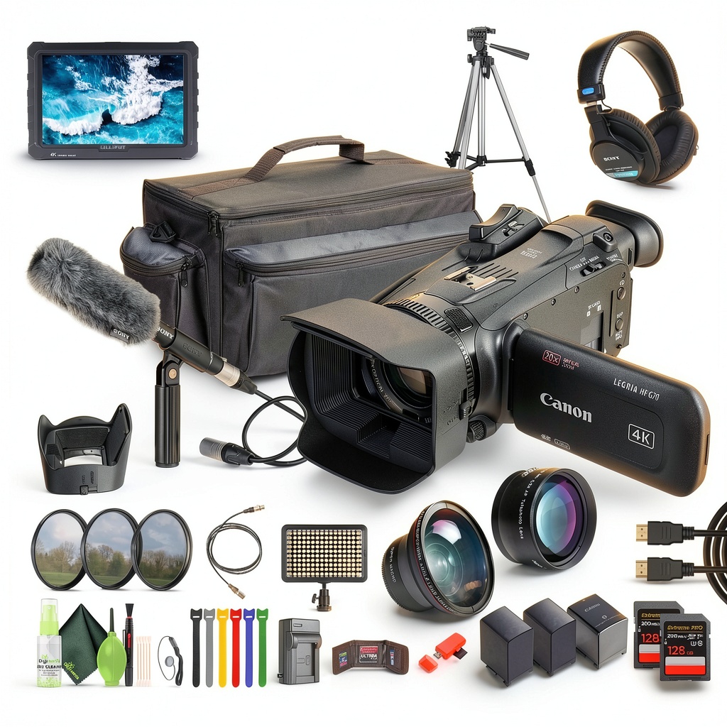 Canon LEGRIA HF G70 camcorder in use with 4K video display