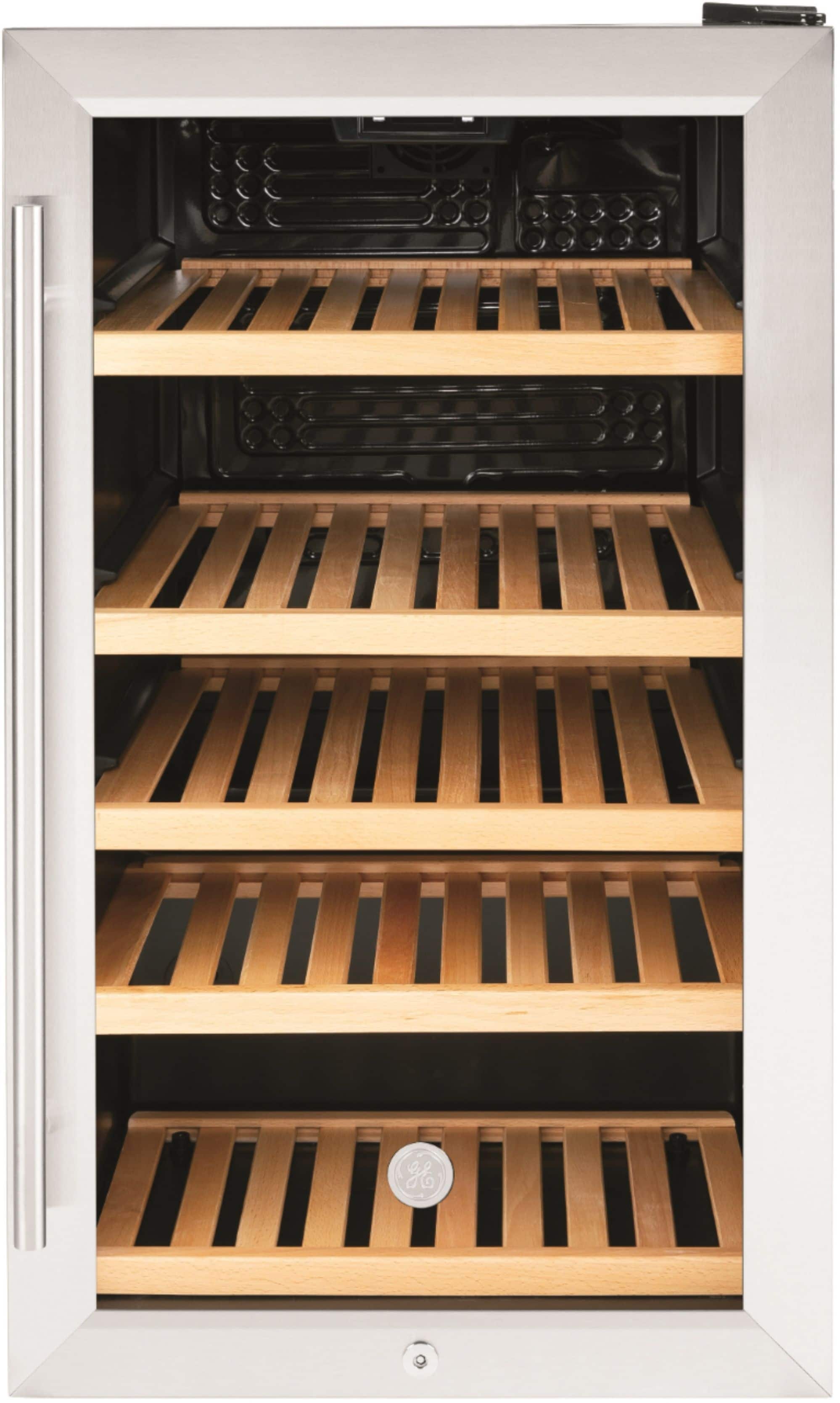 GE wine cooler displaying bottles and cans inside