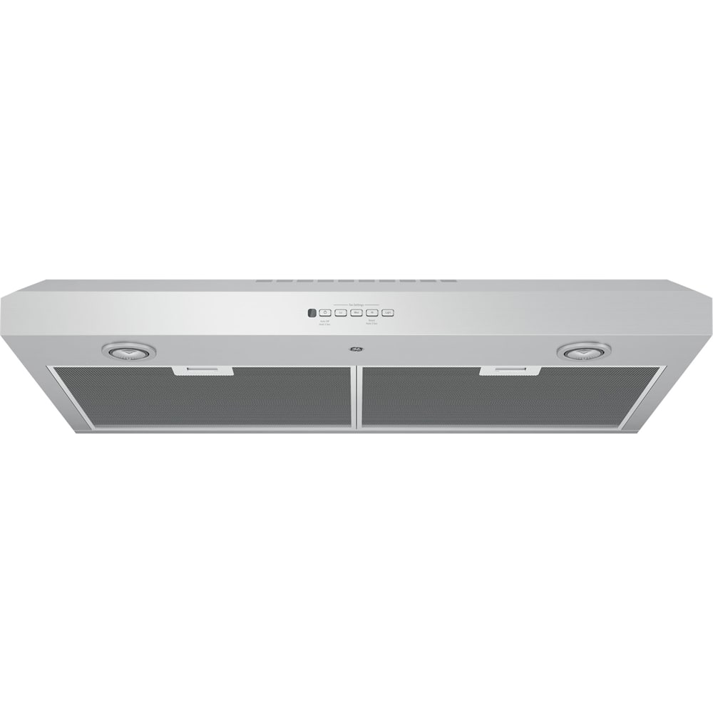 GE 36-inch stainless steel range hood installed under kitchen cabinet