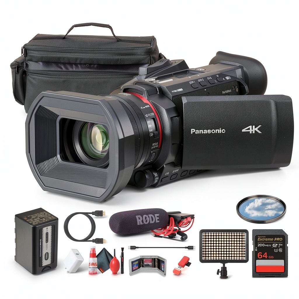 Panasonic HC-X1600 camcorder with accessories on a table