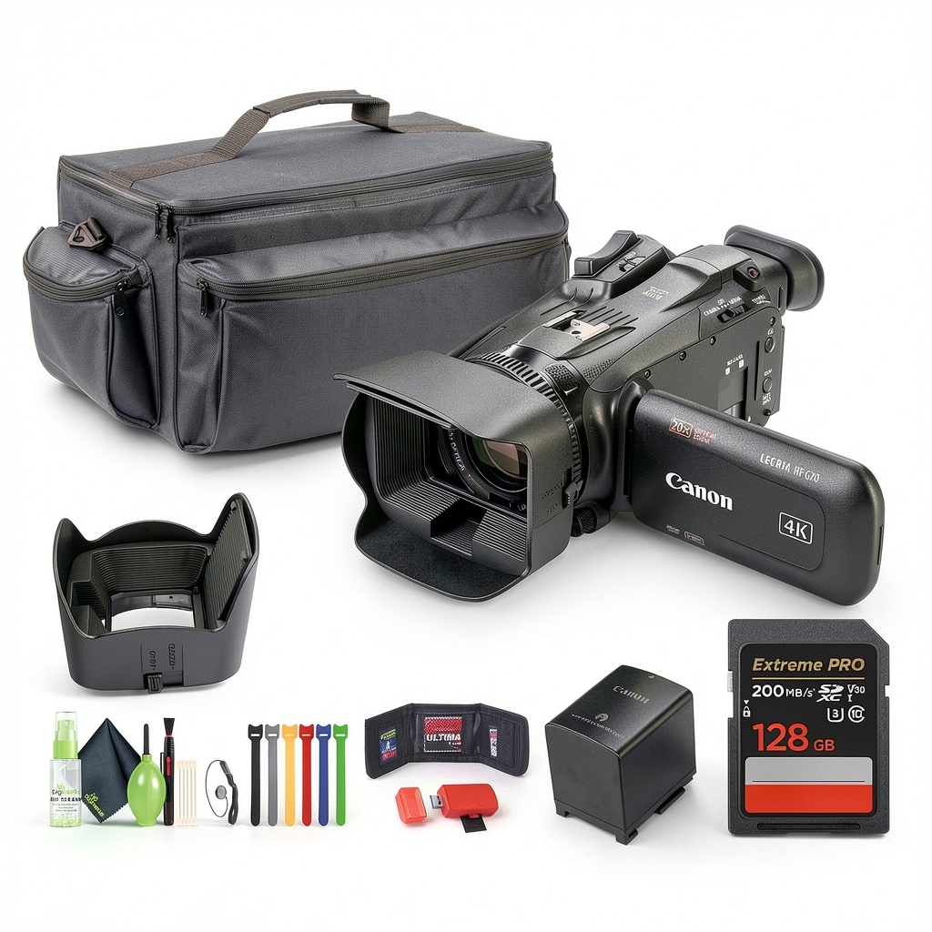 Installing Canon LEGRIA HF G70 4K Camcorder Professional Videography on a wooden desk