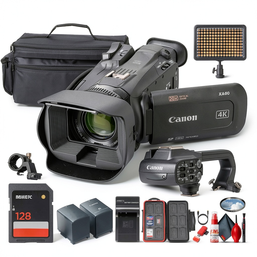 Canon XA60 camcorder with accessories on a studio table