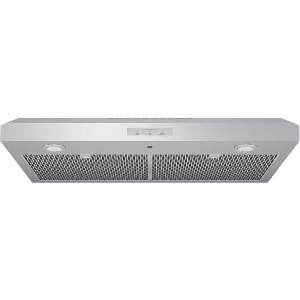 GE Profile range hood installed under kitchen cabinet