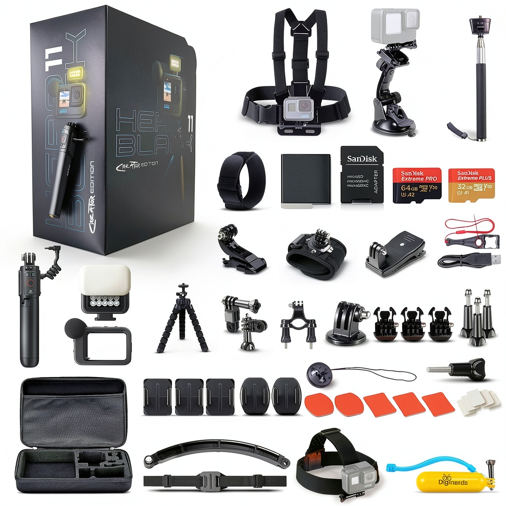 GoPro HERO11 Creator Edition with accessory kit displayed on adventure gear