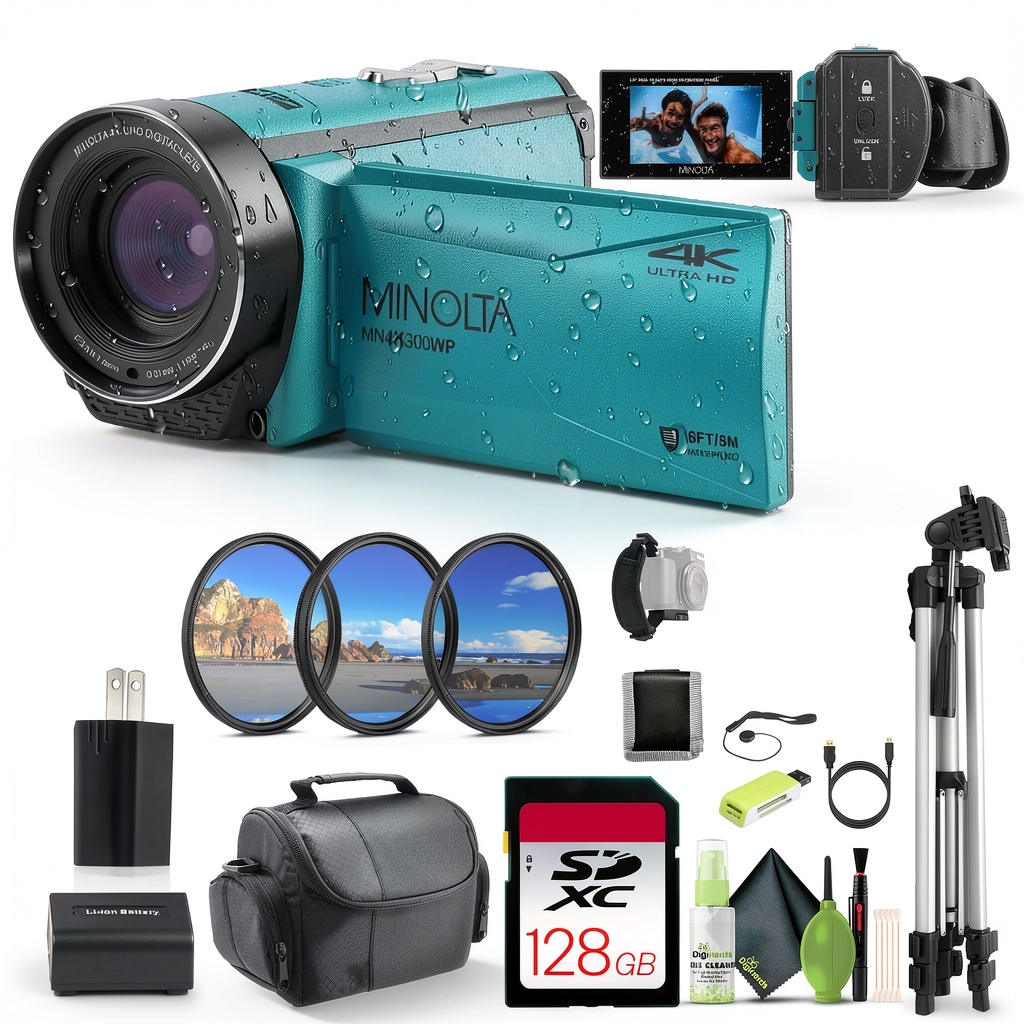 Installing Minolta MN4K300WP 4K Waterproof Camcorder 56MP Blue Bundle on a wooden desk