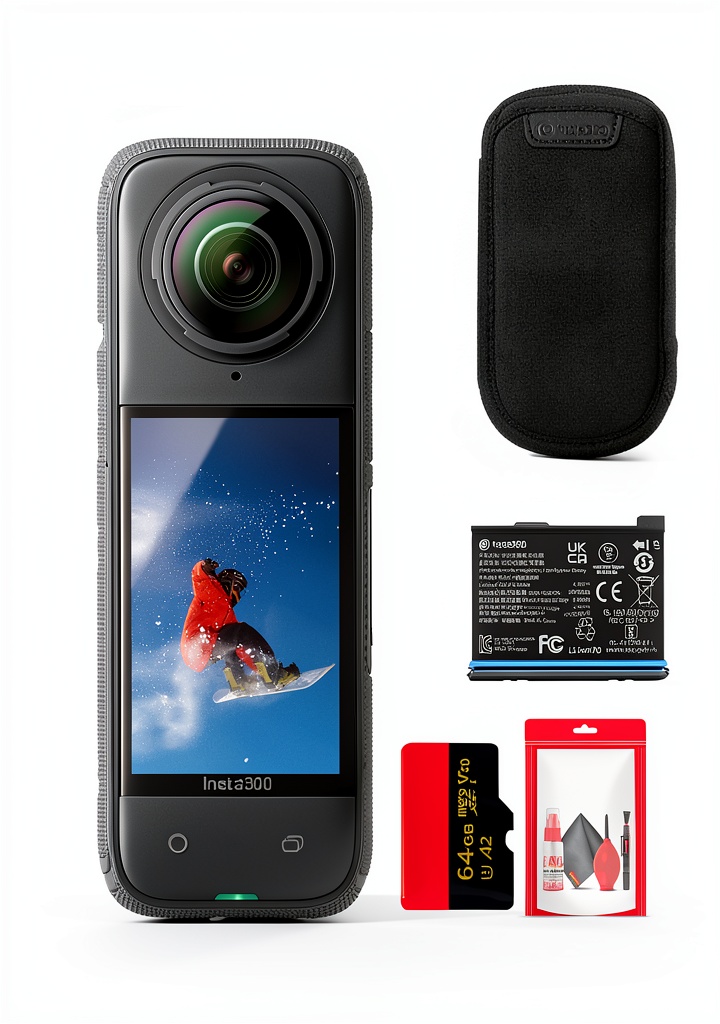Unboxing the Insta360 X4 360 Action Camera on a wooden desk, showing box, camera, and accessories