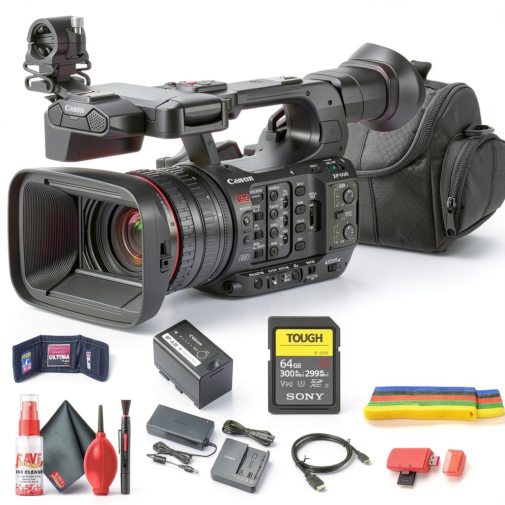 Canon XF605 camcorder in use with accessories