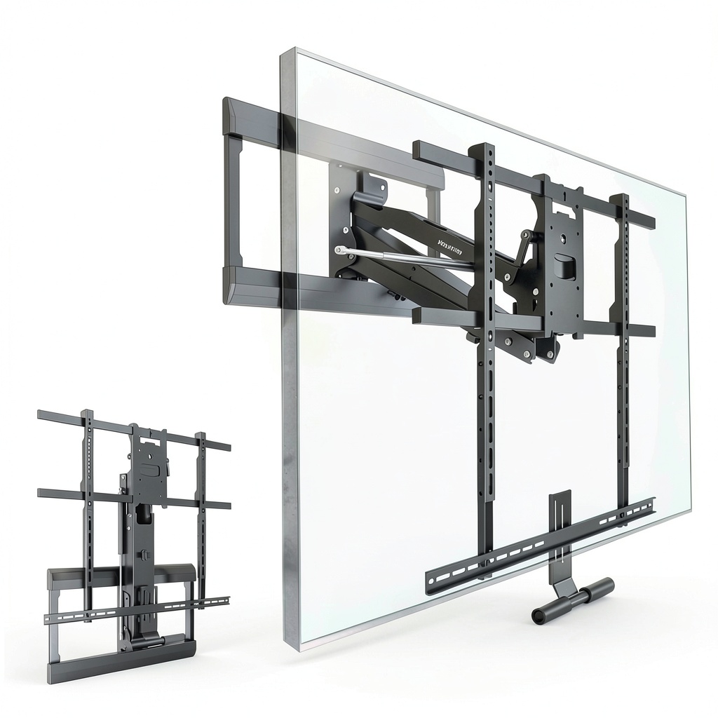 Mount It Pull Down Fireplace TV Mount installed above a modern fireplace with a large screen TV