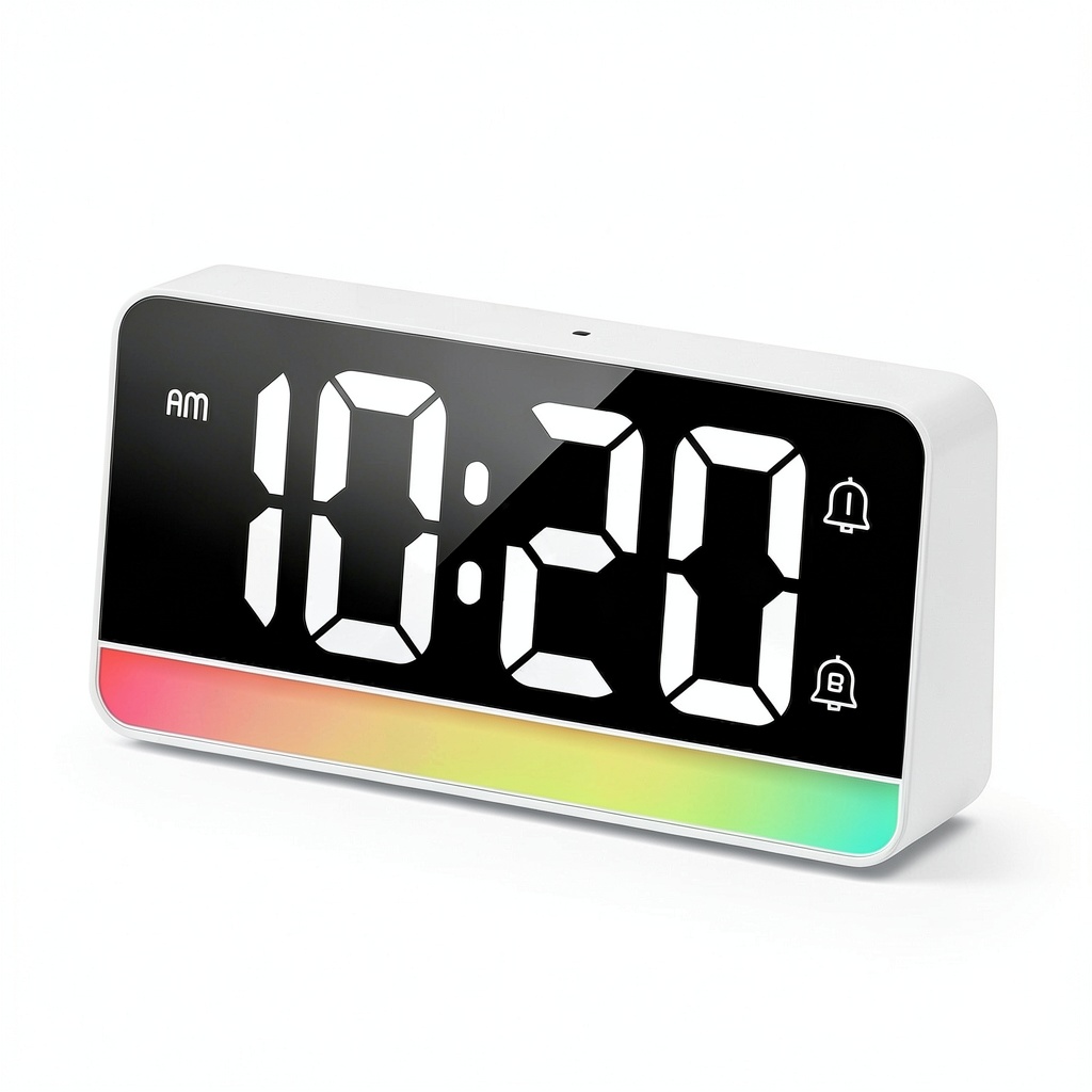 '7-inch digital alarm clock showing large display and color night light on a nightstand'