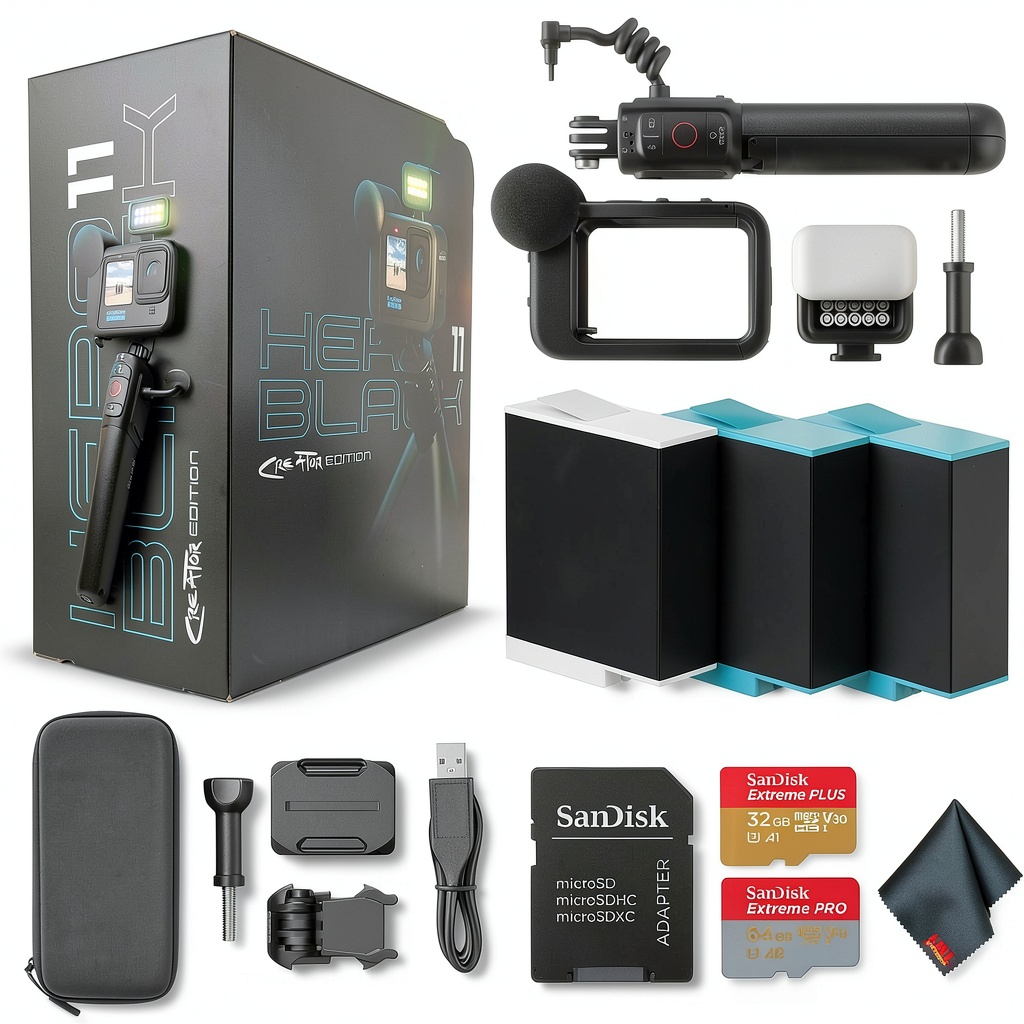 GoPro HERO11 Creator Edition bundle components displayed on an adventure backpack