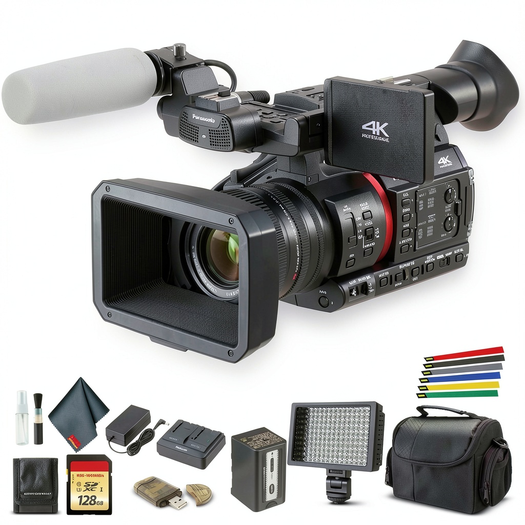 Panasonic AG CX350 4K camcorder with accessories on a studio setup