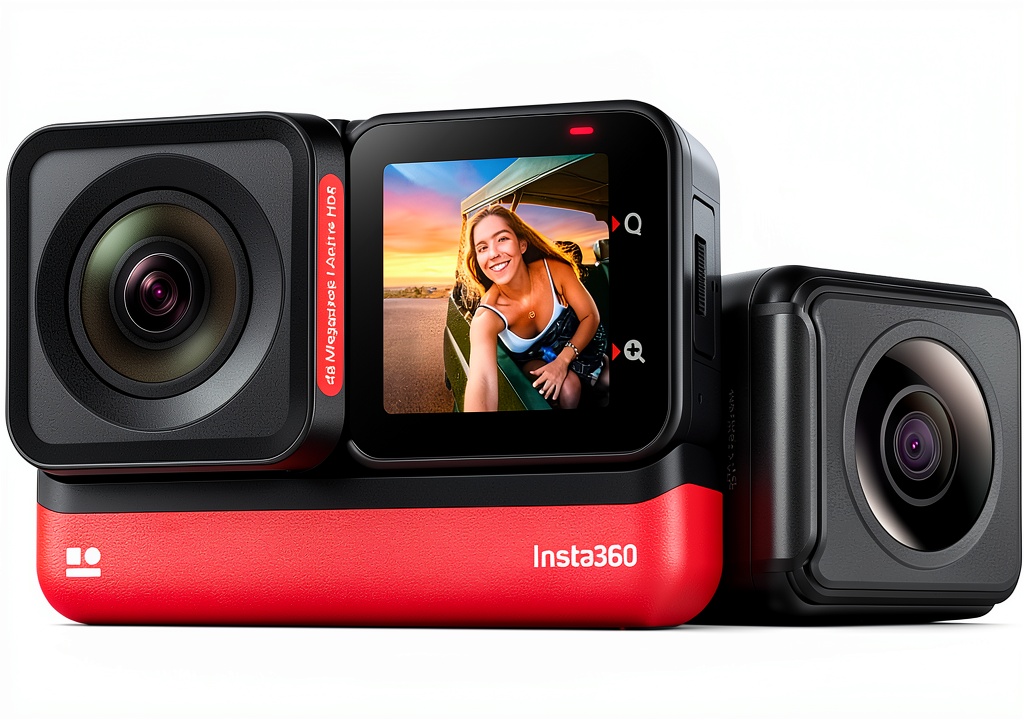 Insta360 ONE RS Twin Edition with interchangeable lenses on a table