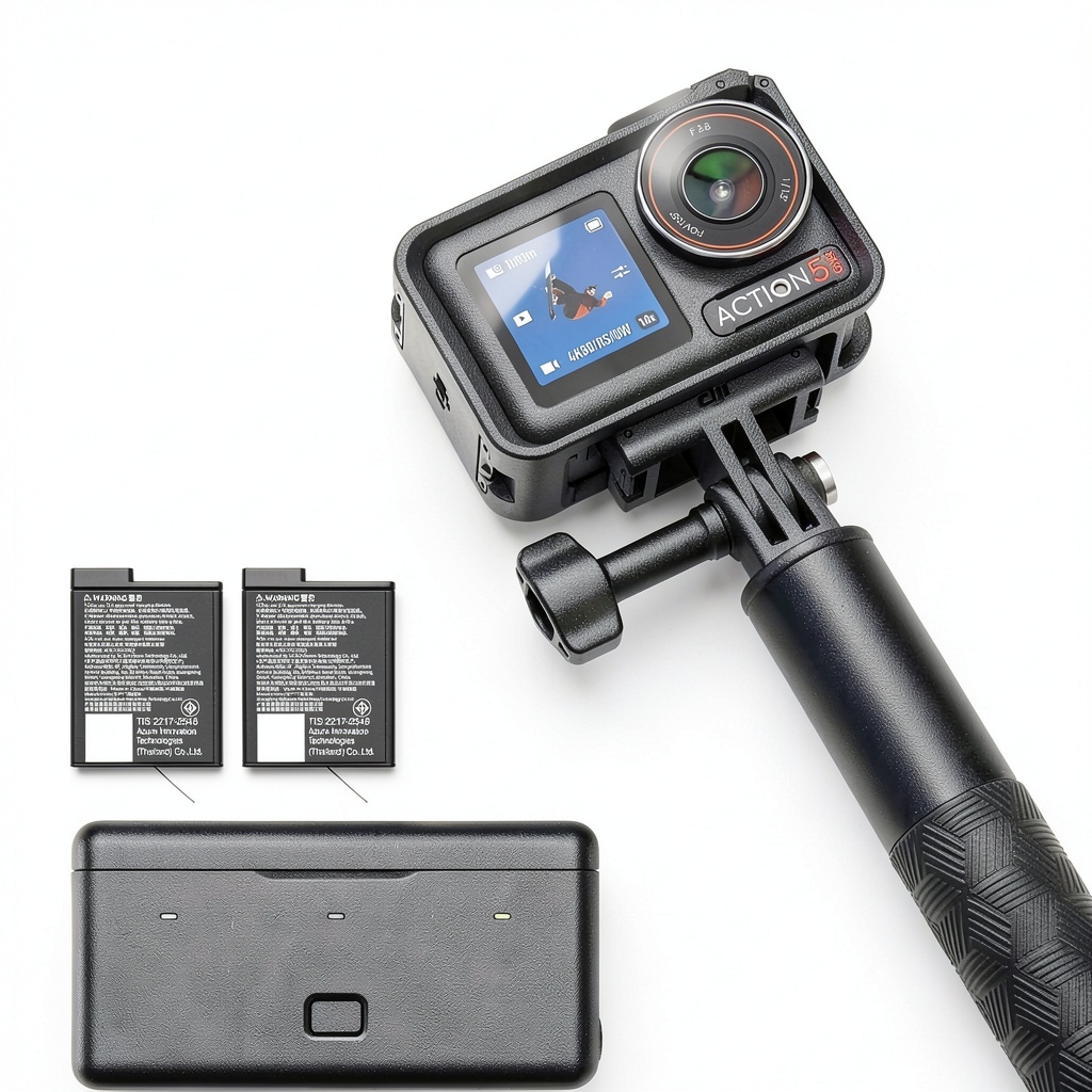 DJI Osmo Action 5 Pro recording 4K video in a city at night
