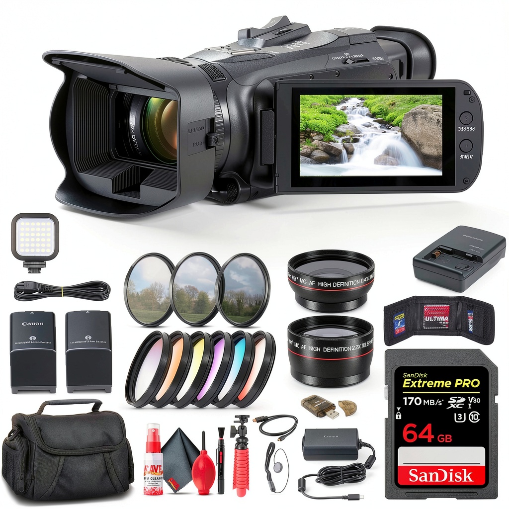 Canon Vixia HF G70 4K Camcorder with accessories on a table