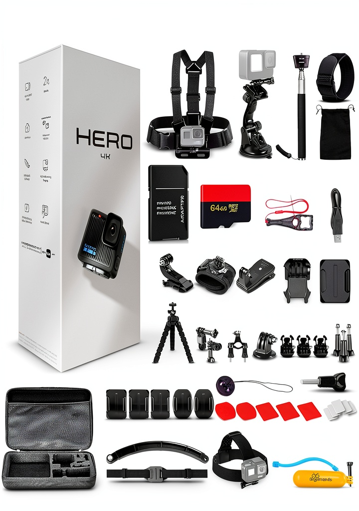 GoPro HERO camera with accessory bundle displayed on an outdoor background