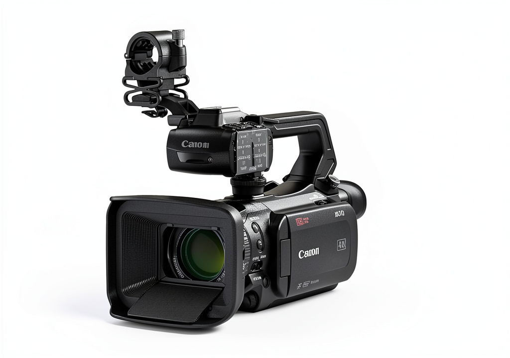 'Canon XA70 4K Professional Camcorder with accessories on a studio table'